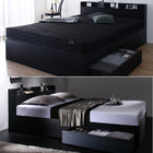 Assembly and installation included. Black single bed with storage. Black bed with storage, headboard, shelf, outlet, mattress and 8-piece duvet set included. Single.