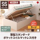 収納ベッド 跳ね上げ 組立設置付 薄型スタンダードポケットコイル 横開き ヘッドレス セミシングル ショート丈 深さラージ