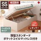 収納ベッド 跳ね上げ 組立設置付 薄型スタンダードポケットコイル 横開き ヘッドレス セミシングル ショート丈 深さレギュラー