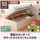 収納ベッド 跳ね上げ 組立設置付 薄型スタンダードポケットコイル 横開き ヘッドレス セミシングル ショート丈 深さグランド