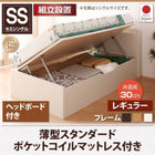収納ベッド 跳ね上げ 組立設置付 薄型スタンダードポケットコイル 横開き ヘッド付 セミシングル ショート丈 深さレギュラー