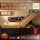 ガス圧式跳ね上げベッド 組立設置付 薄型プレミアムポケットコイル 横開き セミダブル 深さラージ