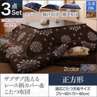 こたつ布団3点セット 掛・敷布団+カバー 正方形 75×75cm 天板対応 洗えるレース柄カバー 防ダニ