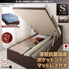 ベッド ガス式跳ね上げ シングル 深さグランド 組立設置付 薄型抗菌国産ポケットコイル 縦開き