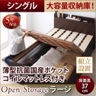 組立設置付 シンプル大容量収納庫付きすのこベッド 薄型抗菌国産ポケットコイルマットレス シングル 深さラージ