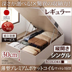 シングルベッド ベット 収納 跳ね上げ 薄型プレミアムポケットコイル 縦開き 深さレギュラー 組立設置付