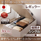 シングルベッド ベット 収納 跳ね上げ 薄型プレミアムポケットコイル 縦開き 深さレギュラー 組立設置付