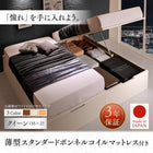 跳ね上げベッド クイーン SS×2 収納付きベッド 深型 連結 大容量 コンパクト 薄型スタンダードボンネルコイルマットレス付 縦開