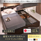 ベッド ガス圧 跳ね上げ 収納 クイーン SS×2 薄型スタンダードポケットコイル 縦開き 組立設置付