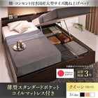 ガス圧 跳ね上げ クイーン SS×2 ベッド 収納 薄型スタンダードポケットコイル 縦開き お客様組立