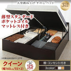 ベッド ガス圧 跳ね上げすのこ クイーン SS×2 薄型スタンダードポケットコイル 縦開き レギュラー お客様組立