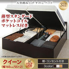 ガス圧 跳ね上げすのこベッド クイーン SS×2 薄型スタンダードポケットコイル 縦開き ラージ お客様組立