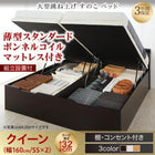 ベッド ガス圧 跳ね上げすのこ クイーン SS×2 薄型スタンダードボンネルコイル 縦開き ラージ 組立設置付