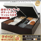 ガス圧 跳ね上げすのこベッド クイーン SS×2 薄型スタンダードポケットコイル 縦開き ラージ 組立設置付