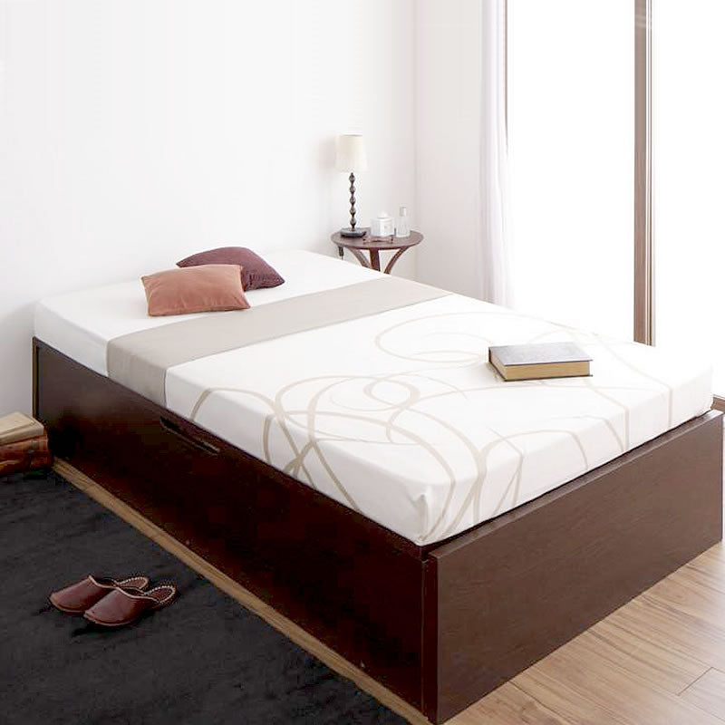 お客様組立国産ベッド　跳ね上げ　収納ベッド 棚付き　 薄型スタンダードポケットコイルマットレス付き 横開き セミダブル 深さラージ お客様組立 国産跳ね上げ収納ベッド ナチュラル 薄型