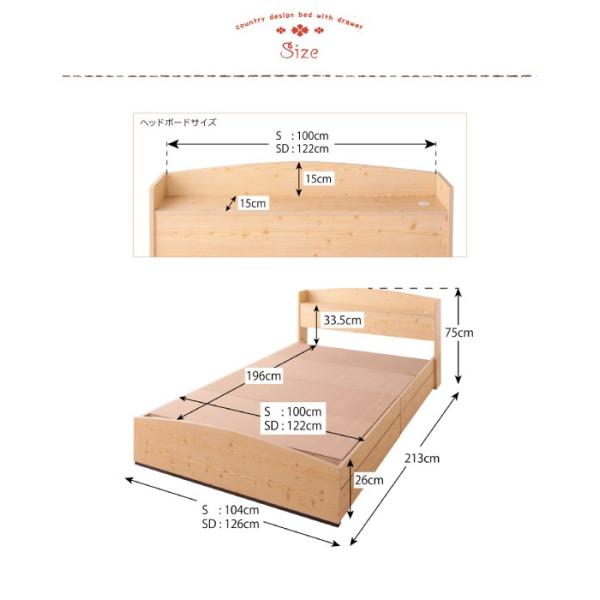 収納ベッド シングル カントリーデザインのコンセント付き ベッドフレームのみ