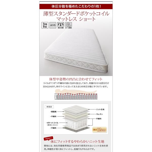 チェストベッド シングル 棚 コンセント付き 大容量コンパクト 薄型スタンダードポケットコイルマットレス付き ショート丈