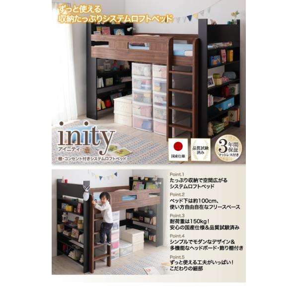 システムロフトベッド シングル 棚 コンセント付き 薄型軽量ボンネルコイルマットレス付き