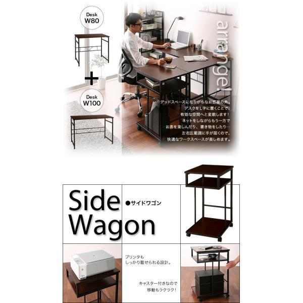 パソコンデスク 幅 100 コンパクト収納付き 3点セット デスク + サイドワゴン + シェルフラック