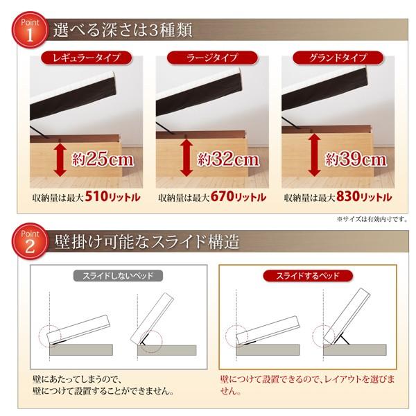 ベッドフレームのみ ベッド 収納 跳ね上げ シングル 横開き 深さ ラージ