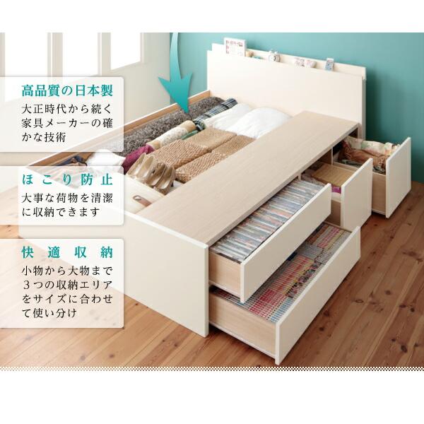 チェストベッド セミダブル 日本製 棚 コンセント付き 大容量 薄型抗菌国産ポケットコイルマットレス付き