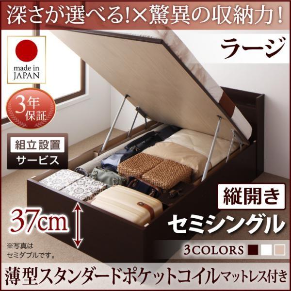 ベッド セミシングル ベッド 跳ね上げ 収納 薄型スタンダードポケットコイル 縦開き 深さラージ 組立設置付