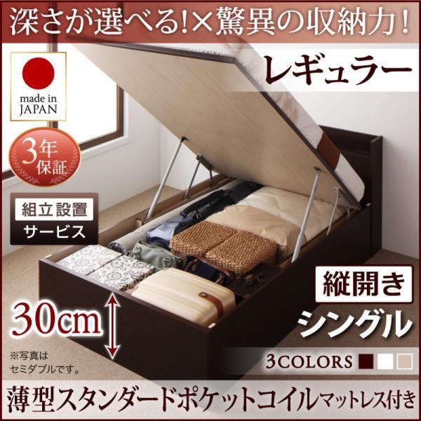 シングルベッド 跳ね上げ ベッド 収納 薄型スタンダードポケットコイル 縦開き 深さレギュラー 組立設置付