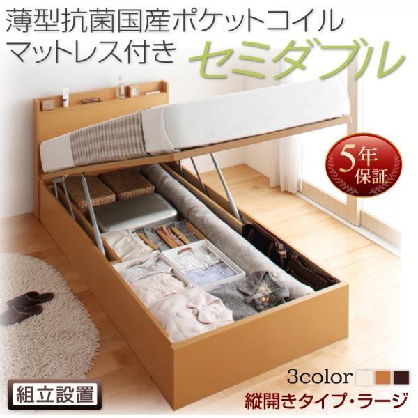 ベッド 跳ね上げ 収納 セミダブル 薄型抗菌ポケットコイル縦開き 深さラージ 組立設置付