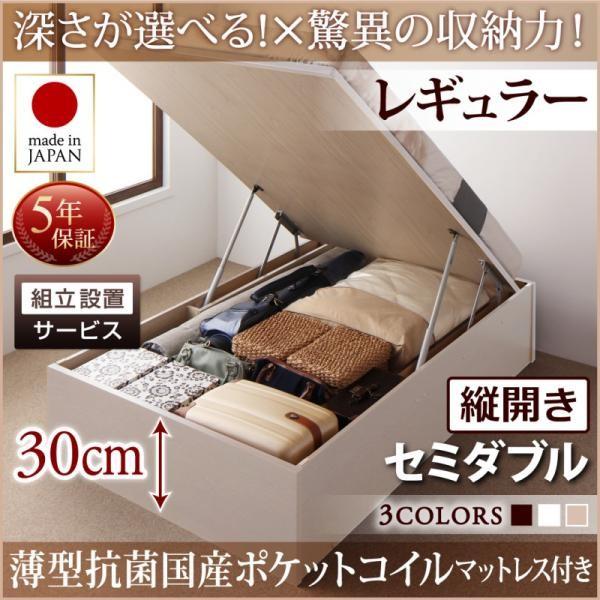 ベッド ベット 収納 セミダブル 跳ね上げ 薄型抗菌ポケットコイル 縦開き 深さレギュラー 組立設置付