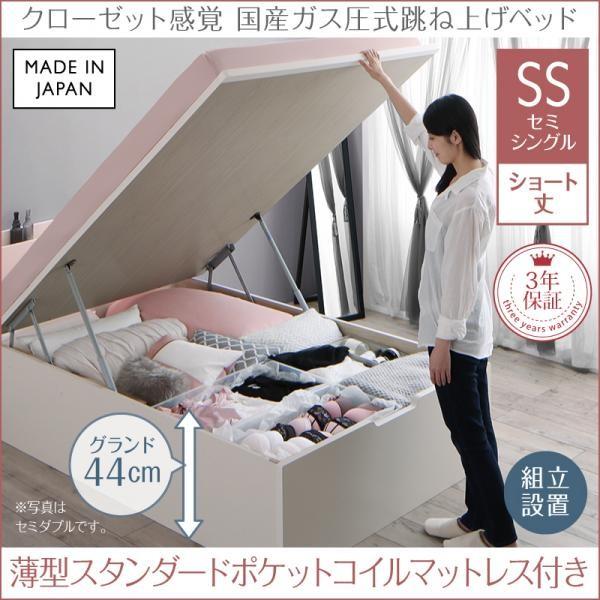 ガス圧 ベッド 跳ね上げ セミシングル ショート丈 深さグランド組立設置付 薄型スタンダードポケットコイル 縦開き