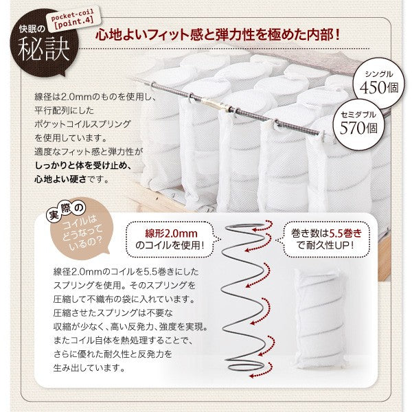 マットレスベッド・20色カバーリング ポケットコイルマットレスタイプ セミダブル 脚22cm