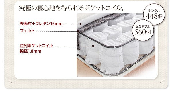 マットレスベッド・20色カバーリング ポケットコイルマットレスタイプ セミダブル 脚22cm