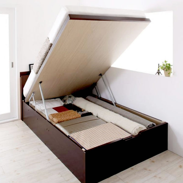 跳ね上げ式収納ベッド セミダブル マットレス付き セット 大容量収納 分割式床板 縦開き 