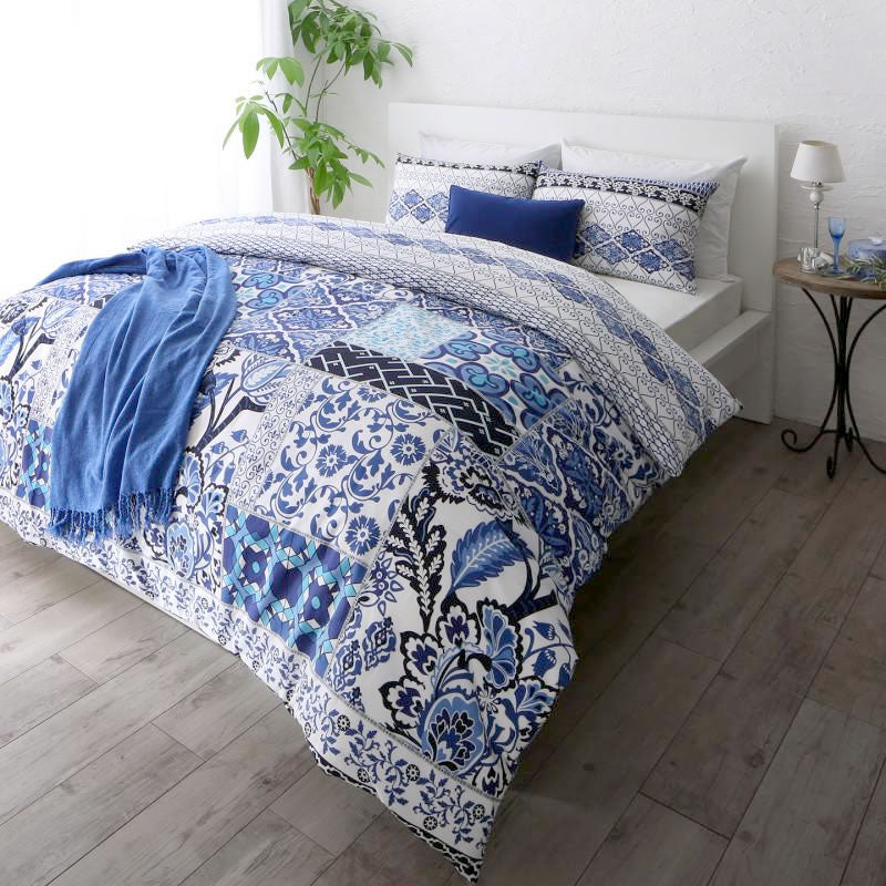 布団カバーセット ベッド用 50×70用 ダブル4点セット 日本製 綿100％ 地中海リゾート ネイビー