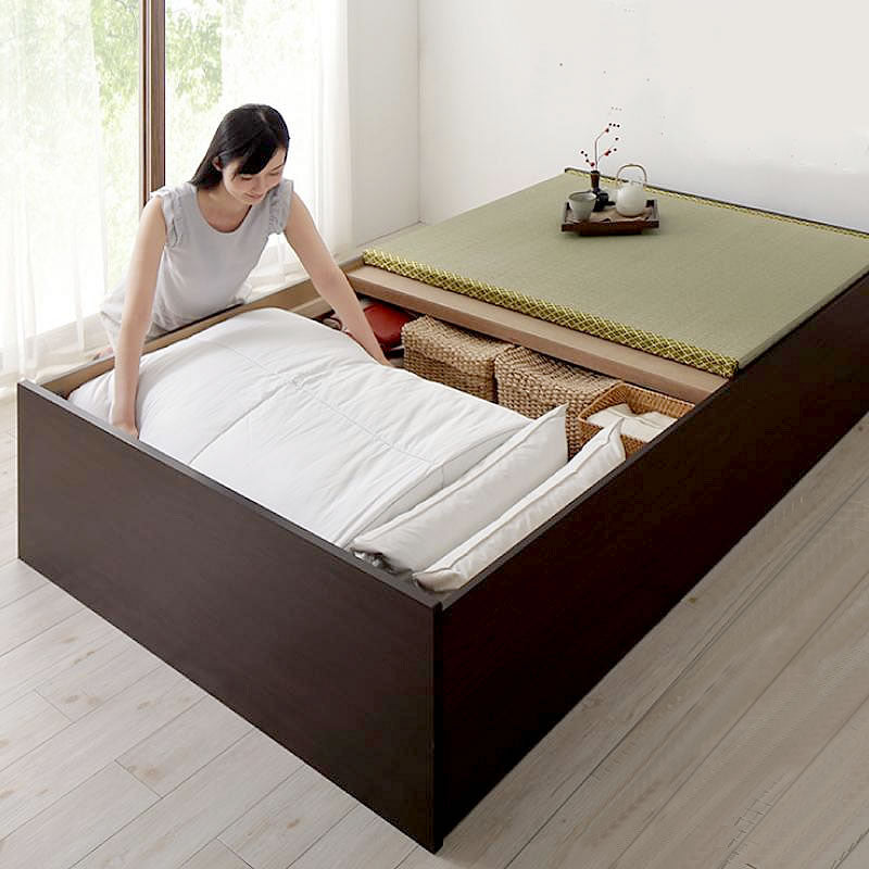 ベッド 畳 連結 ベットフレームのみ クッション畳 セミダブル 42cm お客様組立 日本製 布団収納 ダークブラウン/グリーン