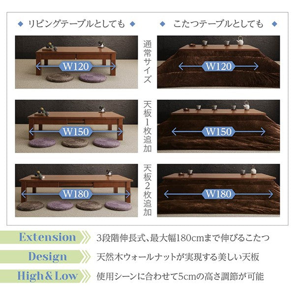 天然木ウォールナット材3段階伸長式こたつテーブル こたつテーブル単品