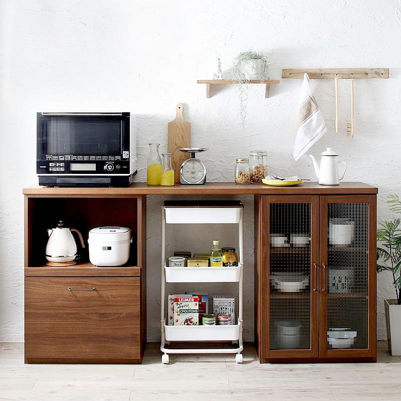 キッチンカウンター 2点セット レンジ台＋食器棚 日本製完成品 幅180cm 木目調ワイド