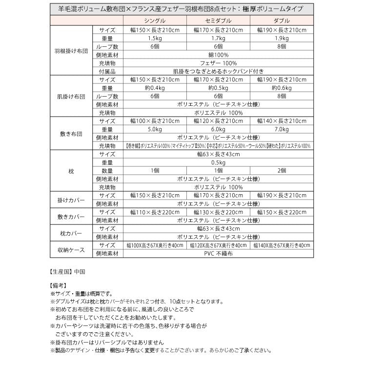 敷布団×フランス産フェザー羽根布団8点セット 極厚ボリュームタイプ シングル8点セット