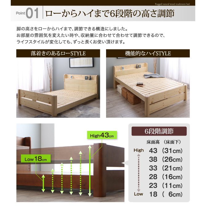 天然木すのこベッド 6段階高さ調節 薄型軽量ポケットコイル シングル