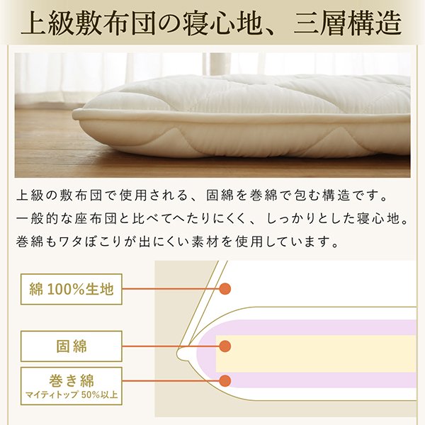 長座布団 三層 65cm 115cm 日本製綿100%